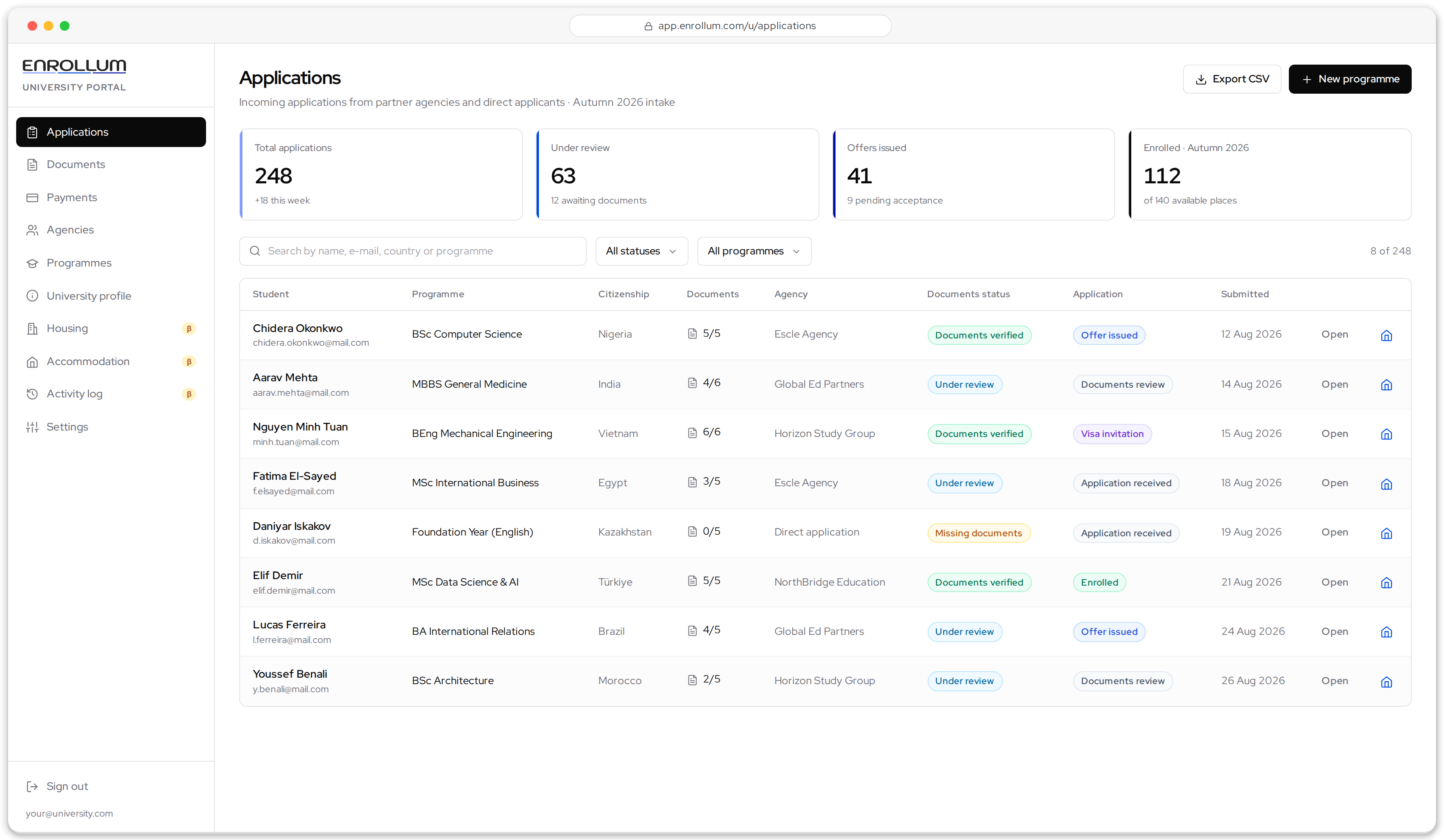 Enrollum university portal: applications table with status, agency and document columns